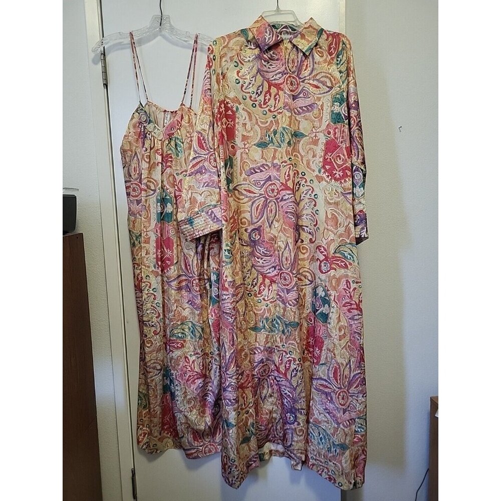 Mary Mcfadden Vintage Long Peignoir Set Gold Purple Pink Small